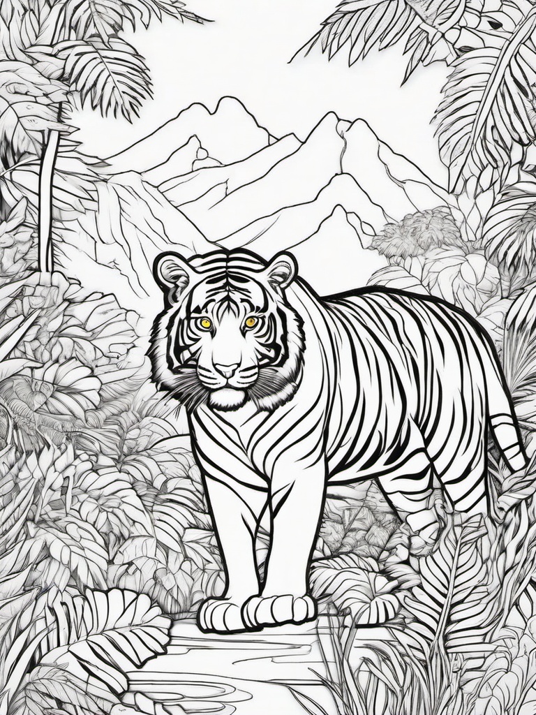 Tiger Coloring Pages - Tiger in a fantasy jungle with magical colors  simple coloring pages