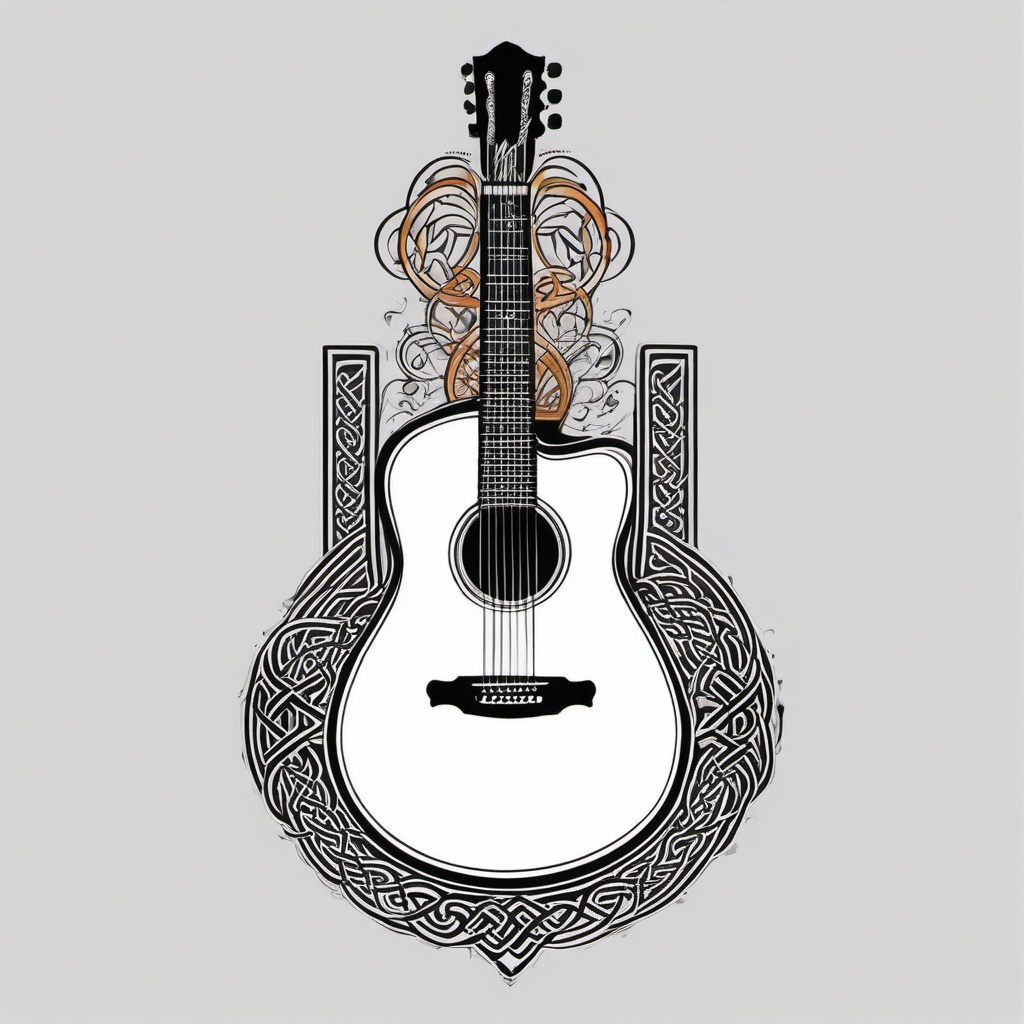 celtic guitar tattoo  simple color tattoo,minimal,white background