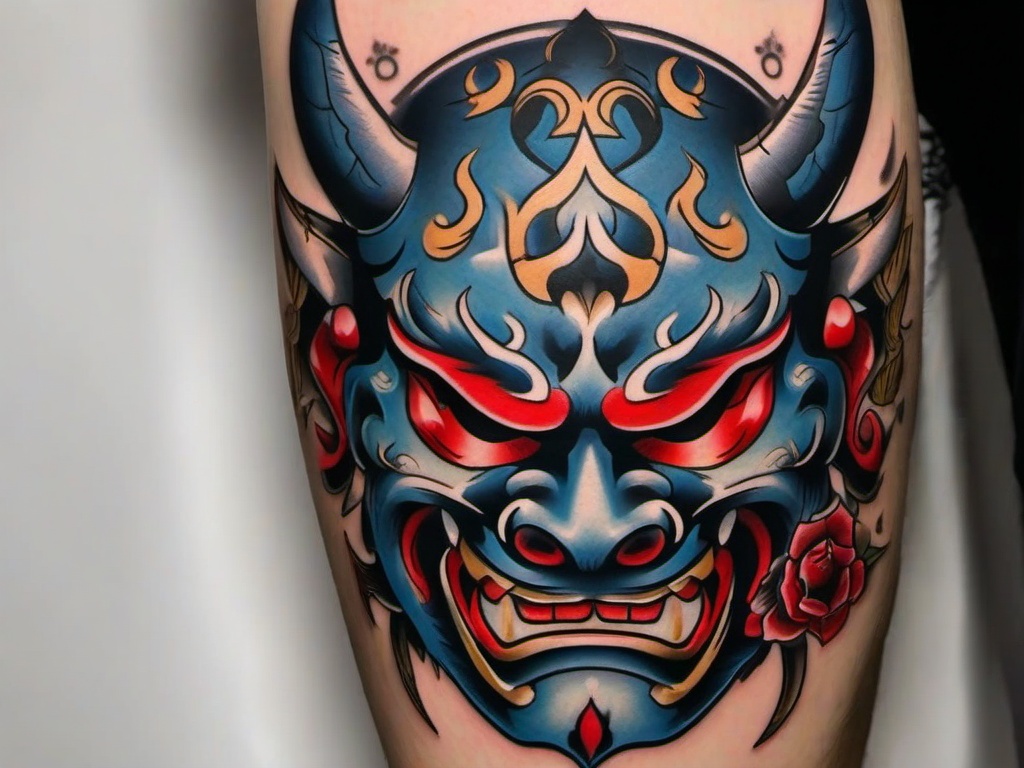 American Traditional Oni Mask-Traditional and classic tattoo featuring the Oni mask in the American traditional style.  simple color tattoo,white background
