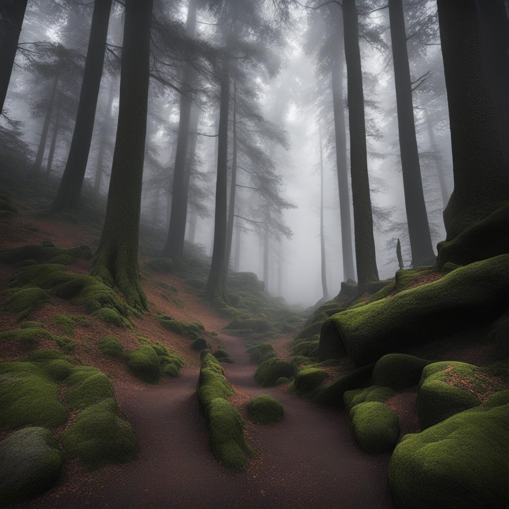 harz witch's woods - illustrate the eerie atmosphere of the harz mountains, where fog-shrouded woods and legends of witches come to life. 