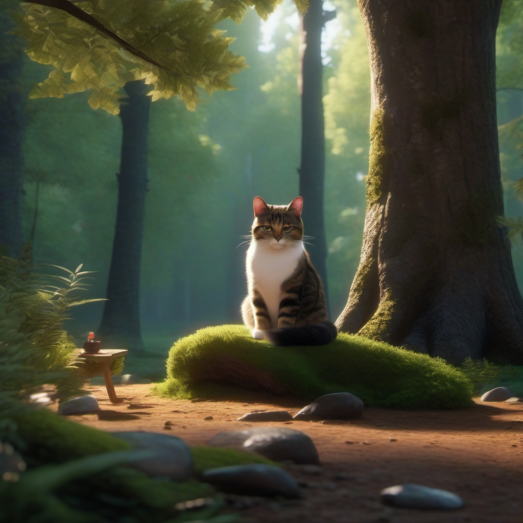 Talking cat offers sage advice to a lonely musician searching for inspiration in a hidden forest grove.  8k, hyper realistic, cinematic