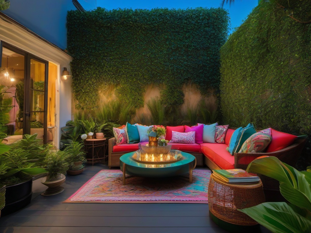 The outdoor patio embraces maximalist interior design with colorful furniture, lush greenery, and eclectic decor that creates a lively atmosphere for relaxation and gatherings.  