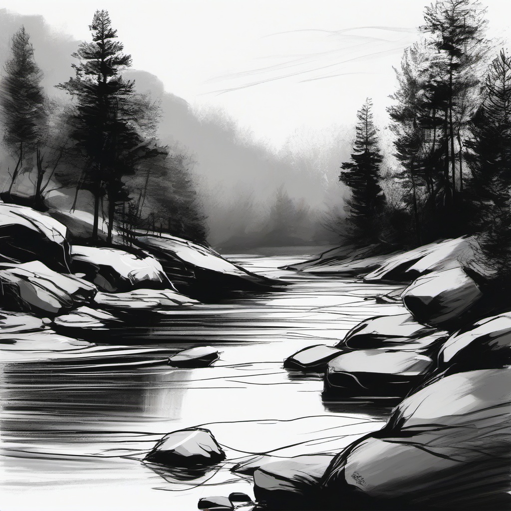 sketch of a river  minimal rough sketch scribbles,doodles,black and white