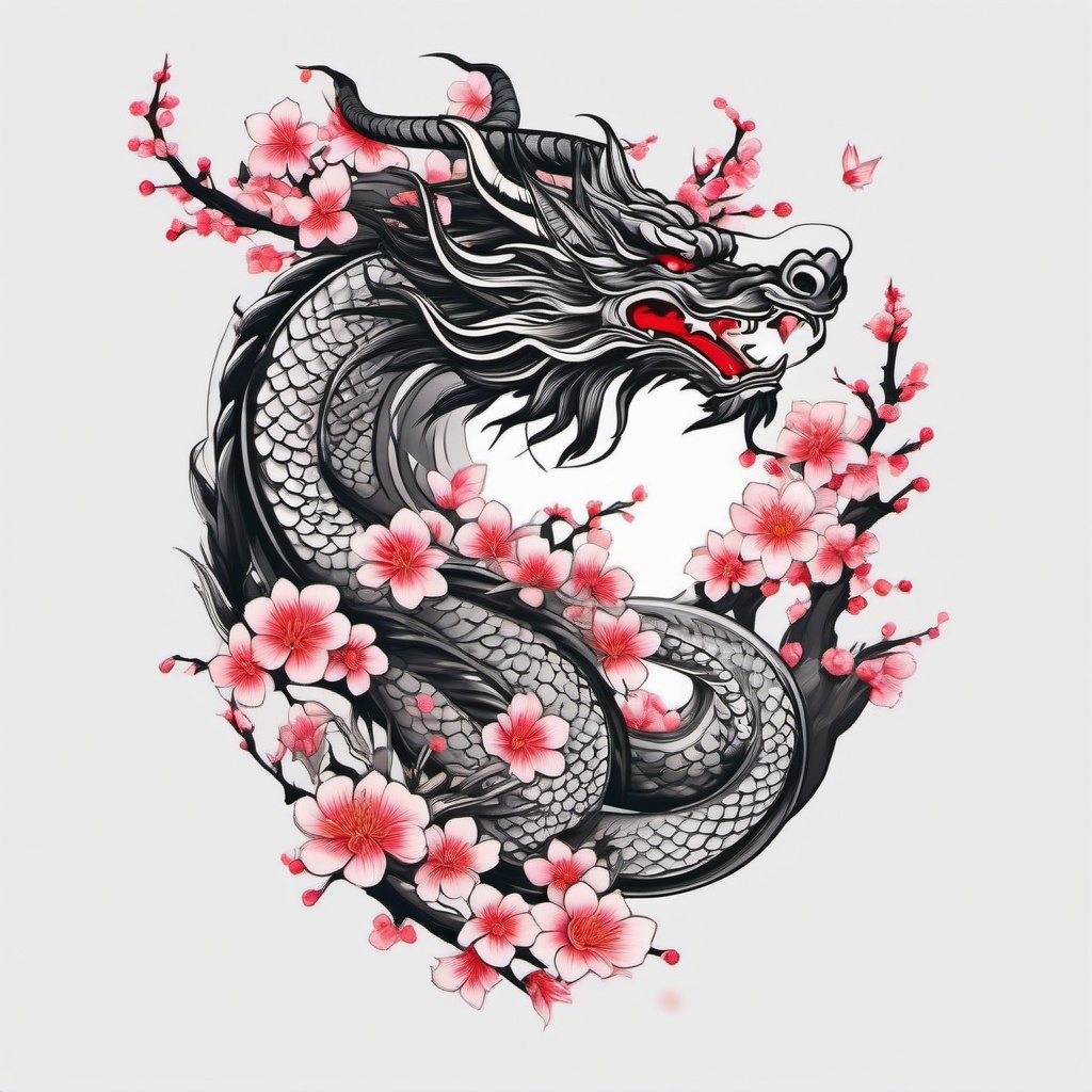 Japanese Cherry Blossom Dragon Tattoo - Mythical, strong, blossoms and dragons.  simple color tattoo,white background,minimal