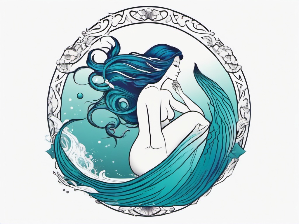 Mermaid Aquarius Tattoo - Connect with zodiac symbolism by incorporating a mermaid into an Aquarius tattoo.  simple vector color tattoo,minimal,white background