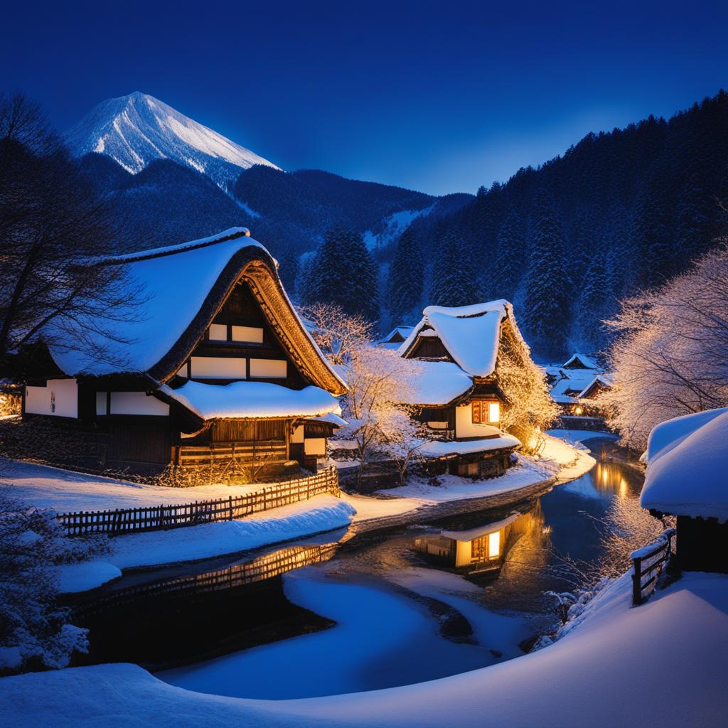 shirakawa-go and gokayama - imagine the enchanting winter night in shirakawa-go and gokayama, with traditional thatched-roof houses covered in snow, creating a fairytale landscape. 