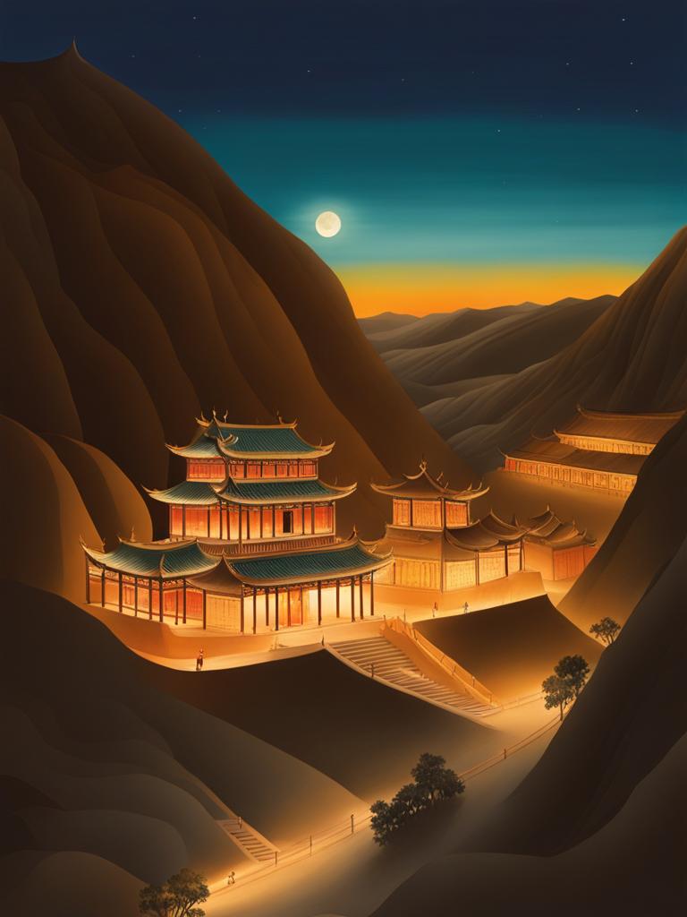 dunhuang - craft a night painting of dunhuang's mogao caves, where ancient buddhist art and sculptures come to life under the gentle glow of lanterns. 