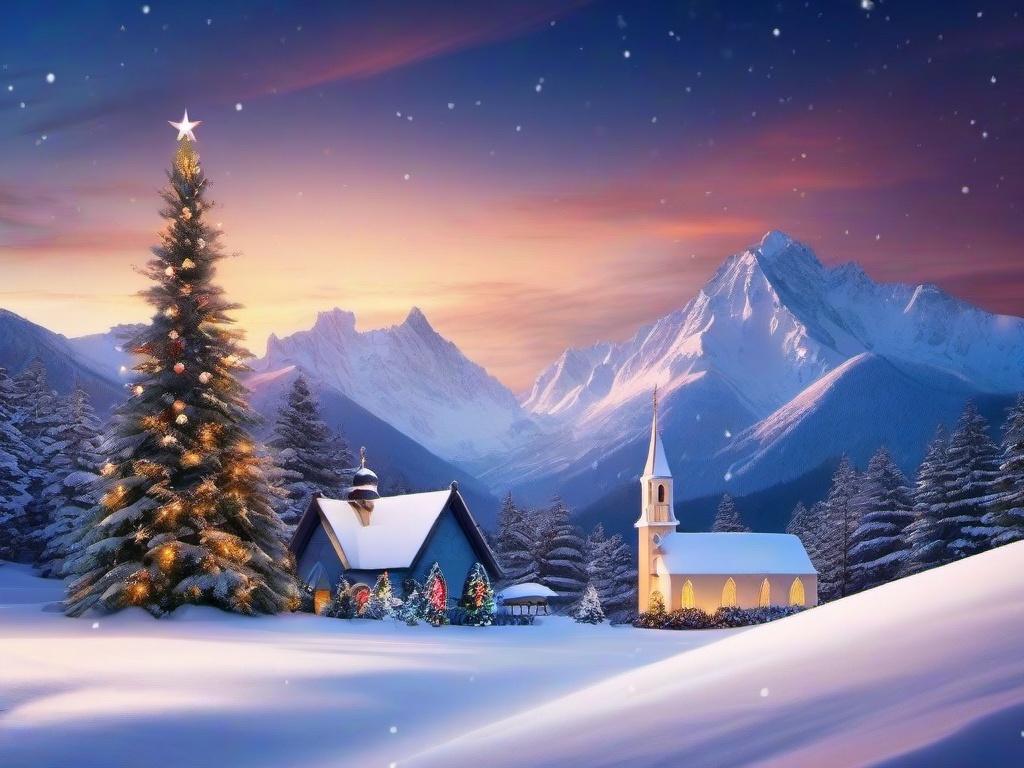 Christmas wallpaper - Snow-capped mountains with a small church decorated for Christmas  aesthetic background wallpaper