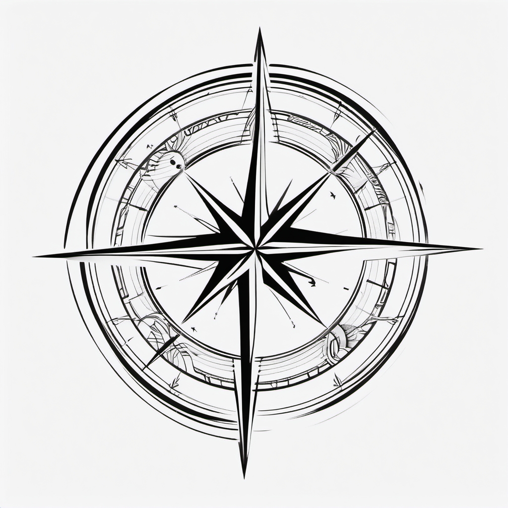 Basketball compass rose tattoo. Direction in the game.  black white tattoo style, minimalist design,white background