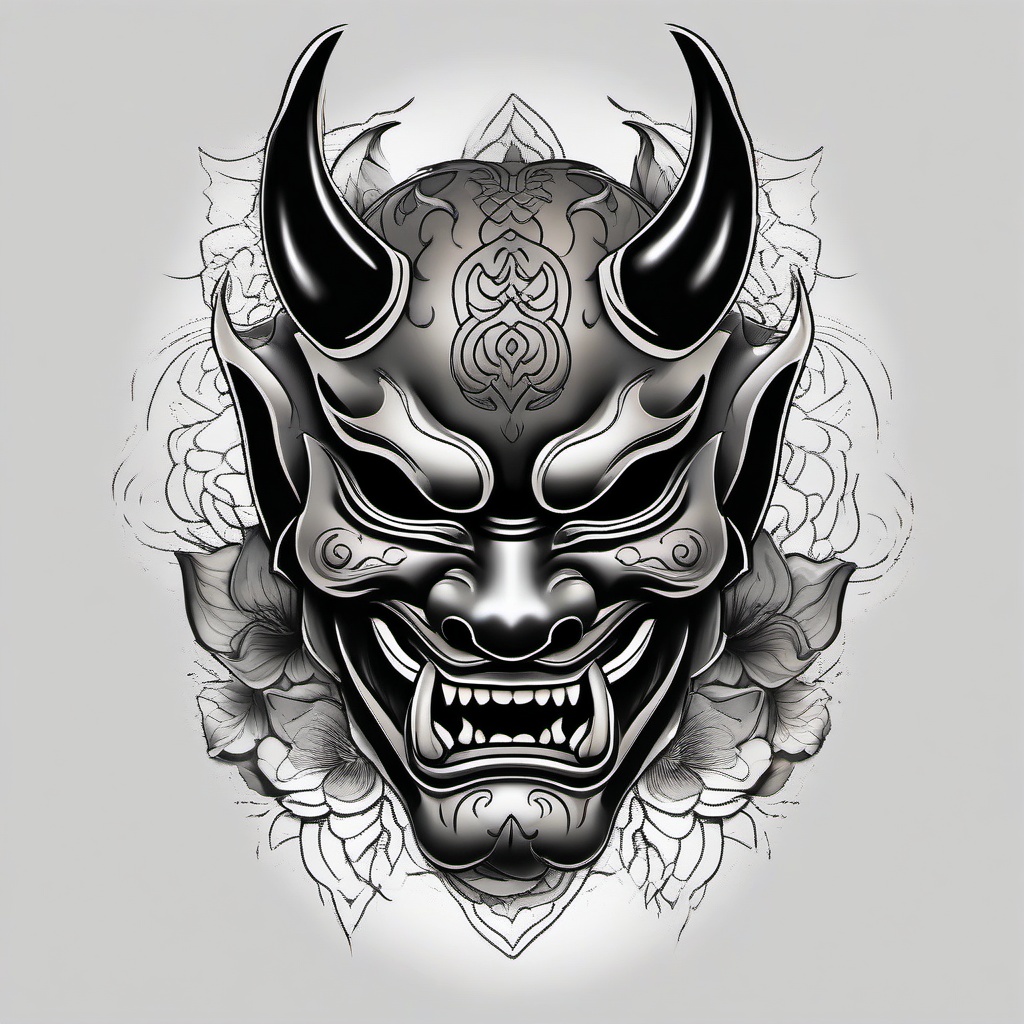 black and grey hannya mask tattoo  simple color tattoo,white background,minimal