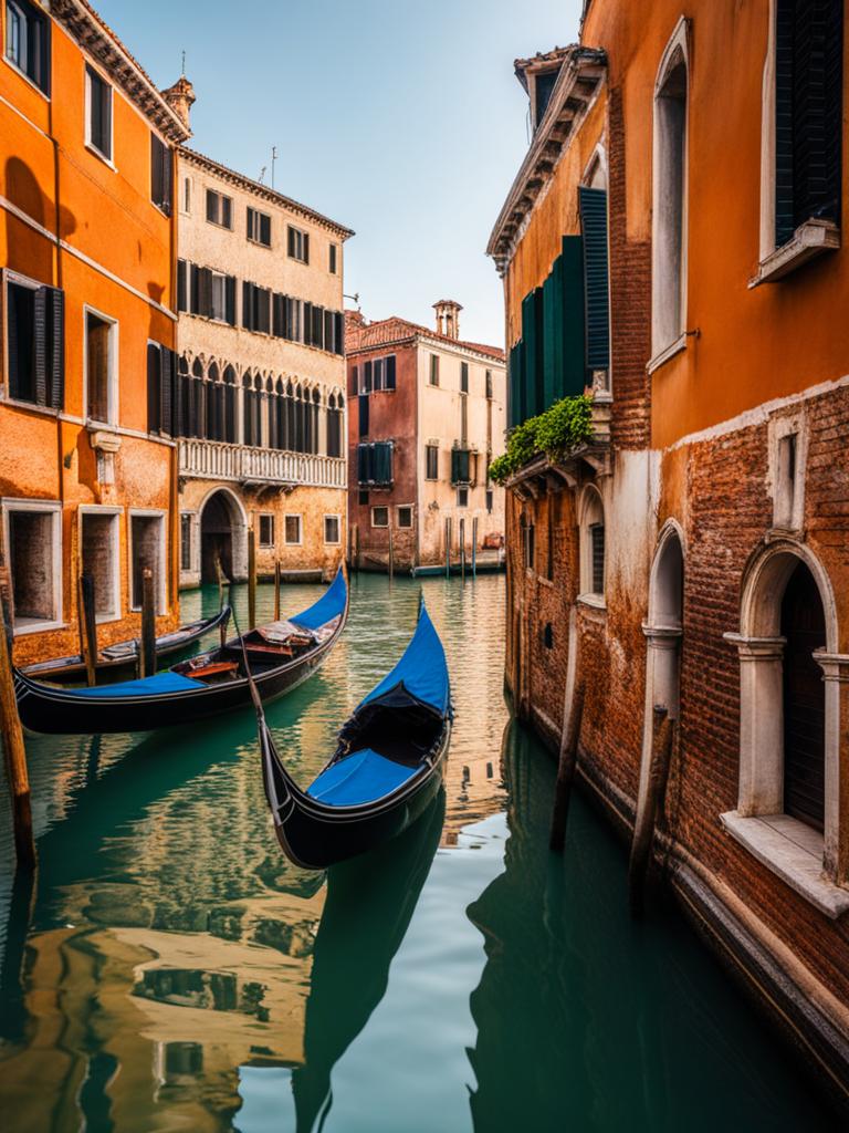 venetian canal, navigating the romantic waterways of venice with gondolas and historic buildings. 