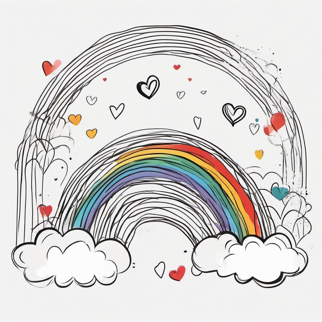 drawing of a rainbow with hearts  minimal rough sketch scribbles,doodles,black and white