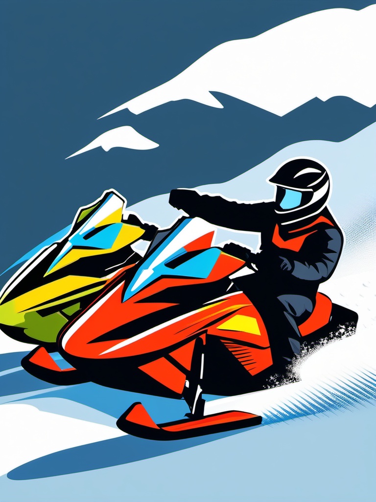 Snowmobile Racing Action Clipart - Snowmobilers racing in high-speed action.  color vector clipart, minimal style