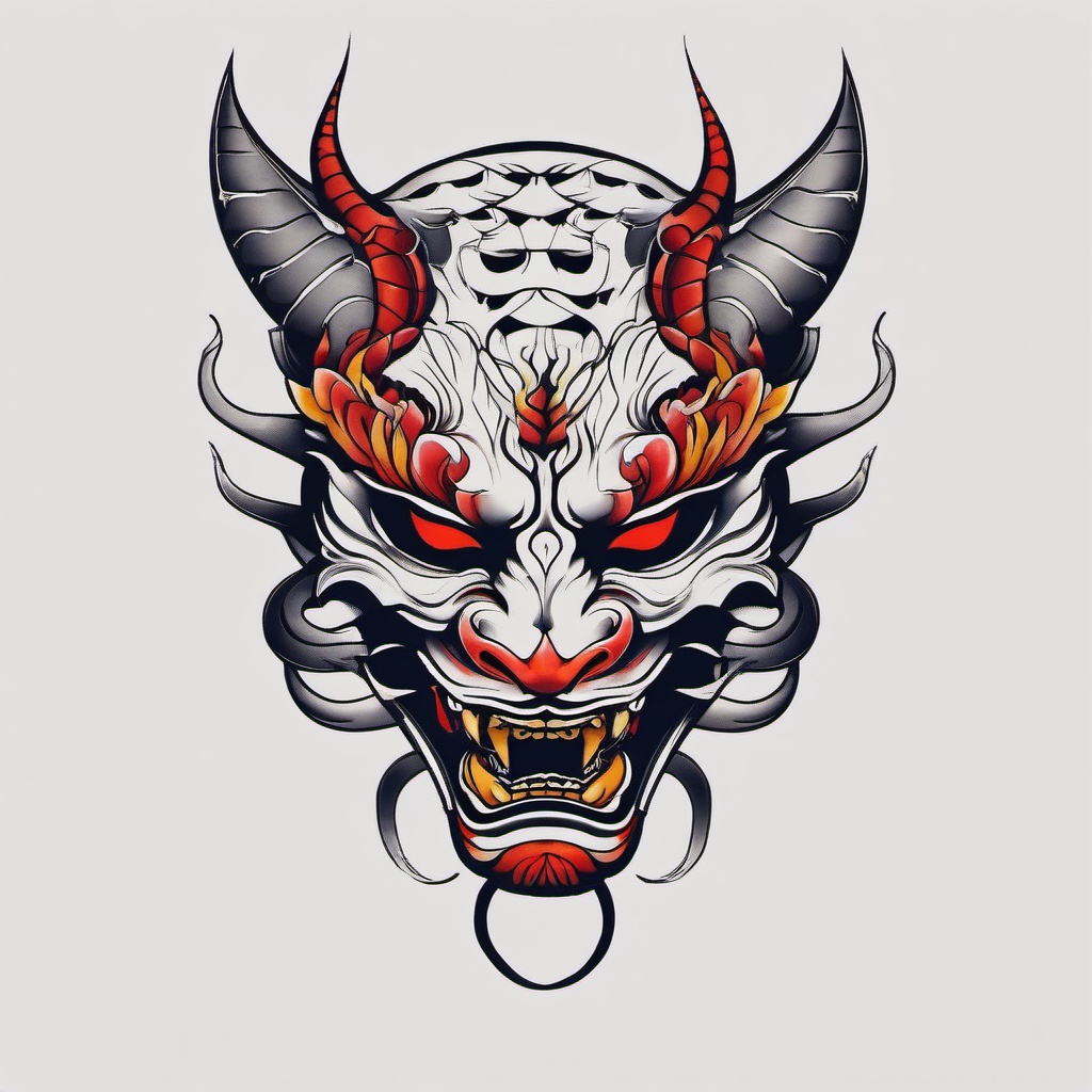 hannya mask snake tattoo  simple color tattoo,white background,minimal