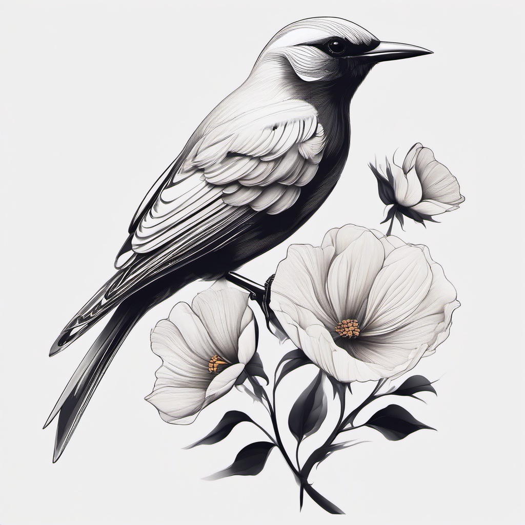 Flower With Bird Tattoo - Bird sitting on flower  minimal tattoo design, white background