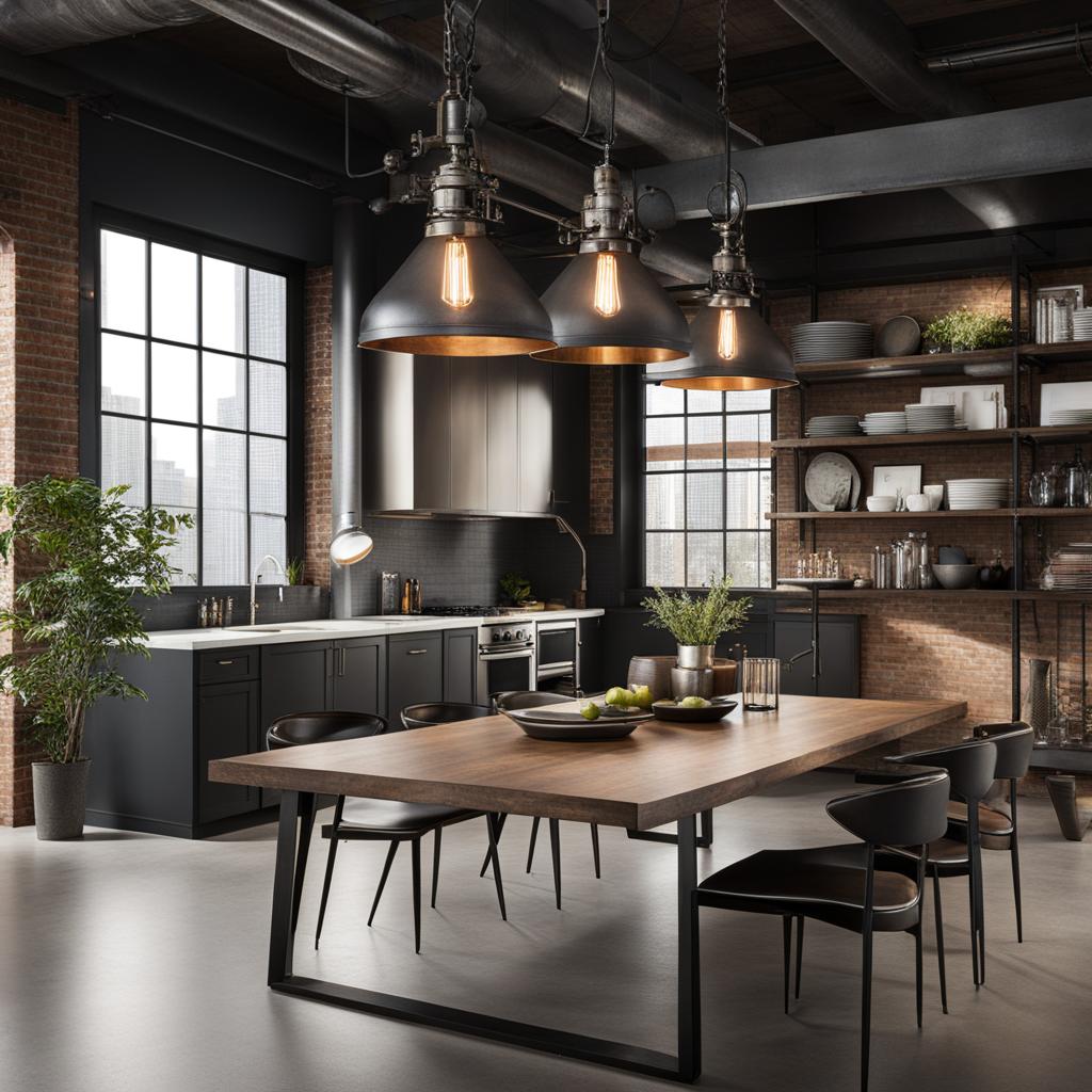 industrial loft dining room with metal accents and an open layout. 