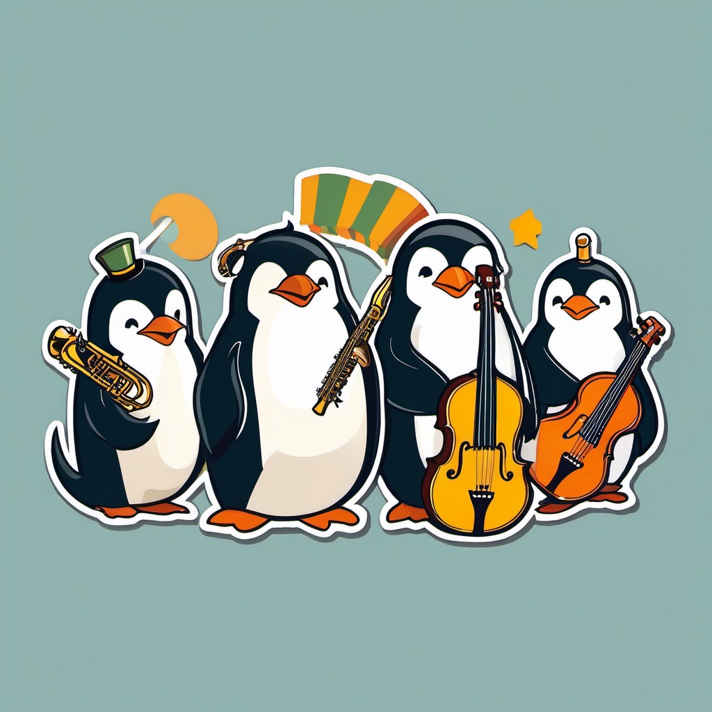 Penguin Music Band Sticker - A group of penguins forming a lively music band with various instruments. ,vector color sticker art,minimal