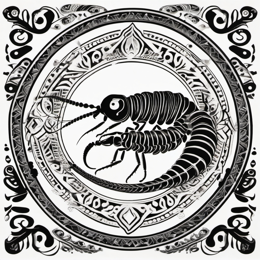 Centipede with tribal patterns ink: Cultural symbolism etched in insect art.  black white tattoo, white background