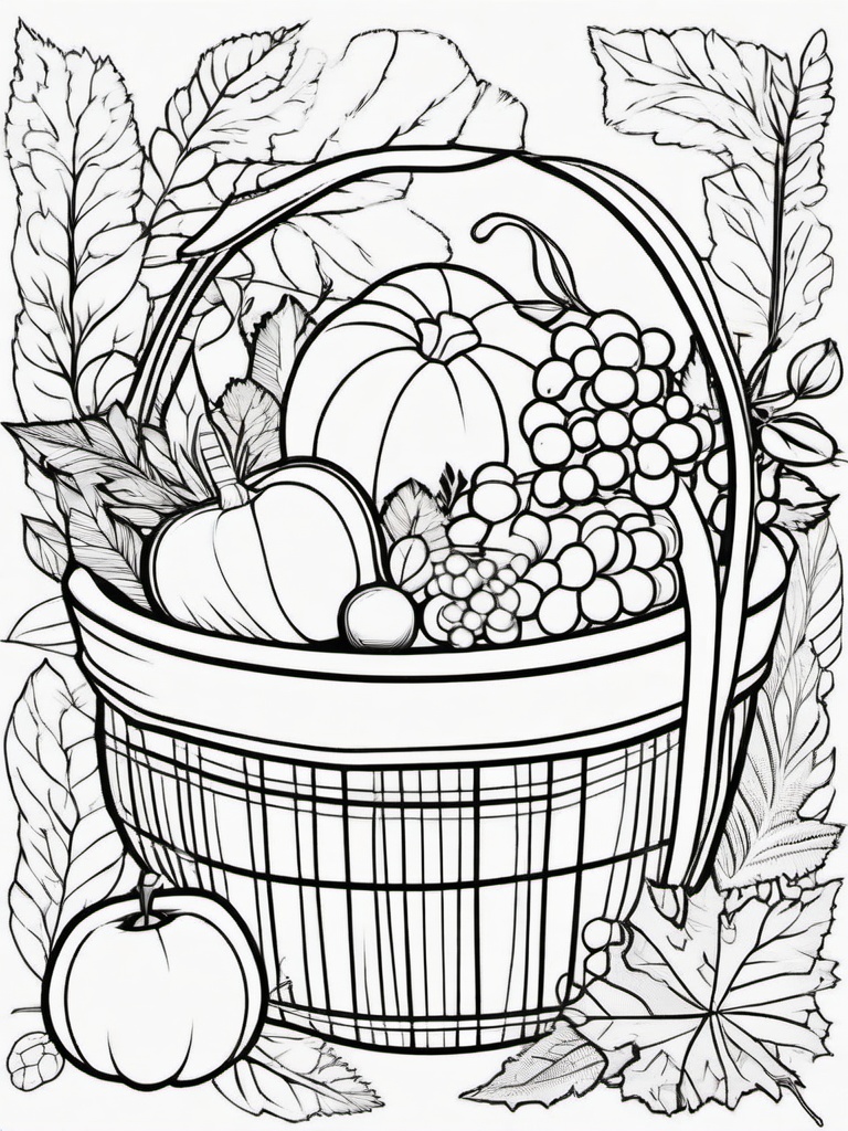 Harvest Basket Coloring Pages - Filled with Autumn Fruits and Vegetables  minimal black outline printable sheet, coloring page