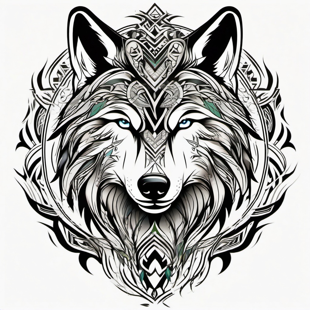 Wolf and Tribal Tattoo,magnificent wolf intertwined with tribal elements, reflecting primal wisdom and unity with nature. , color tattoo design, white clean background