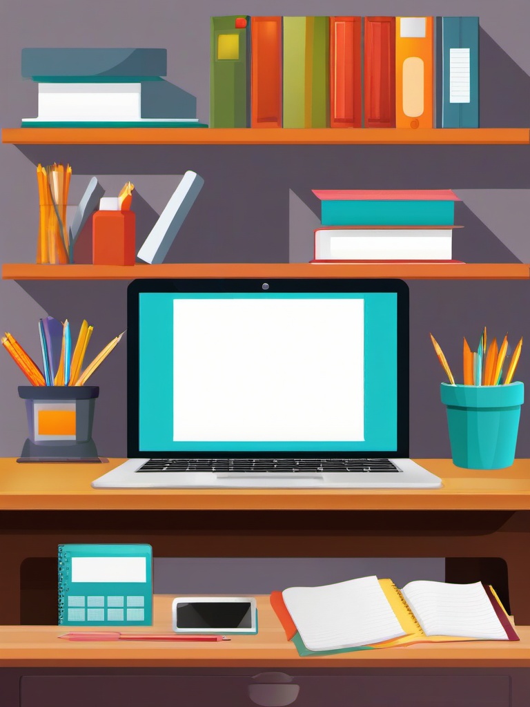 Computer clipart - laptop on a desk with stationery  