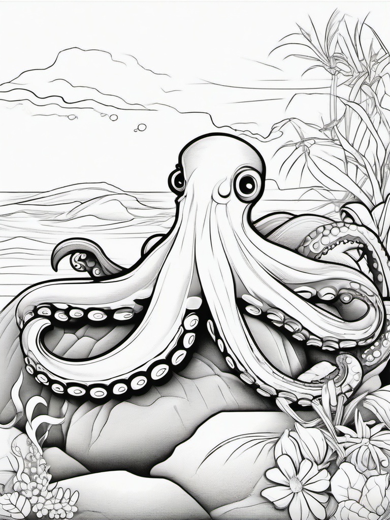 Octopus Coloring Pages - Octopus sitting on a rock with a crab friend  simple coloring pages