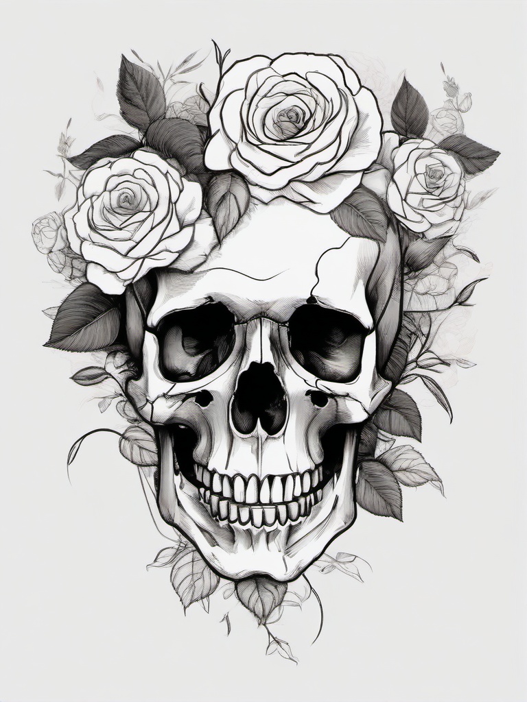 drawing of a skull surrounded by blooming roses  minimal rough sketch scribbles,doodles,black and white