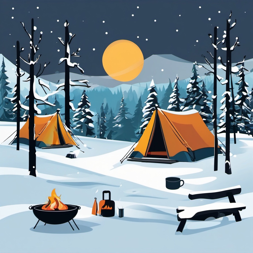 Winter Camping clipart - Camping in the winter wilderness, ,vector color clipart,minimal