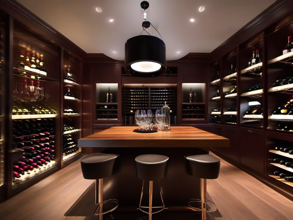 In the wine cellar, surrealist interior design features unusual storage solutions, whimsical decor, and vibrant lighting that create a captivating atmosphere for wine enthusiasts.  