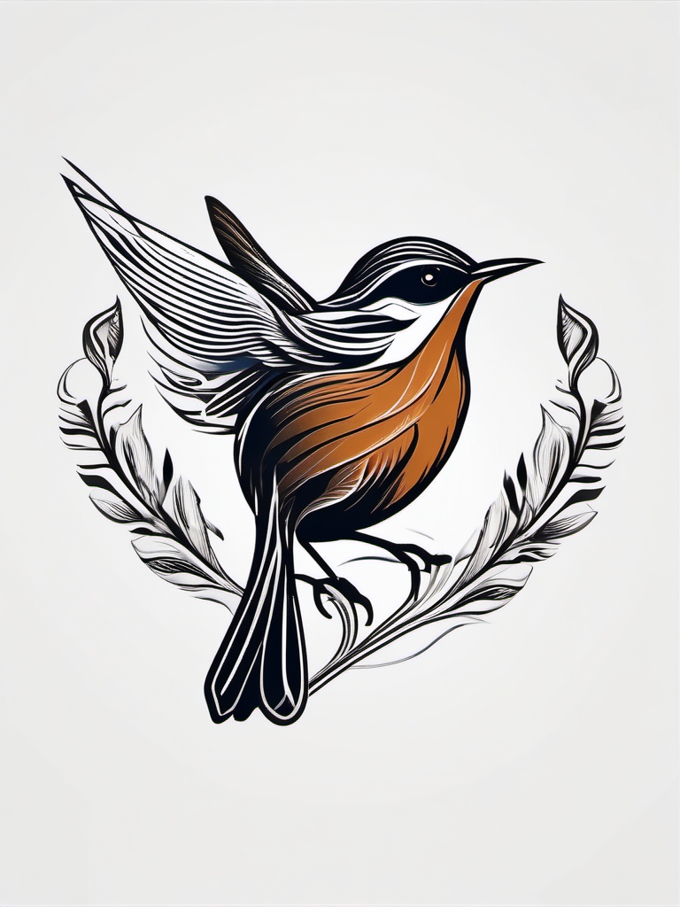 Wren tattoo merging with winds, symbolizing freedom.  color tattoo style, minimalist design, white background