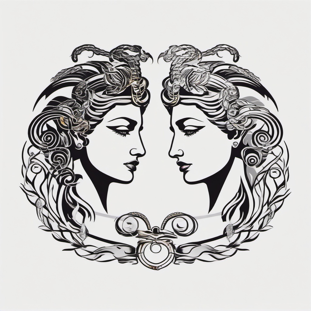 Medusa and Athena Tattoo - Showcase the dynamic relationship between Medusa and Athena with a tattoo that captures their mythical connection.  simple vector color tattoo,minimal,white background