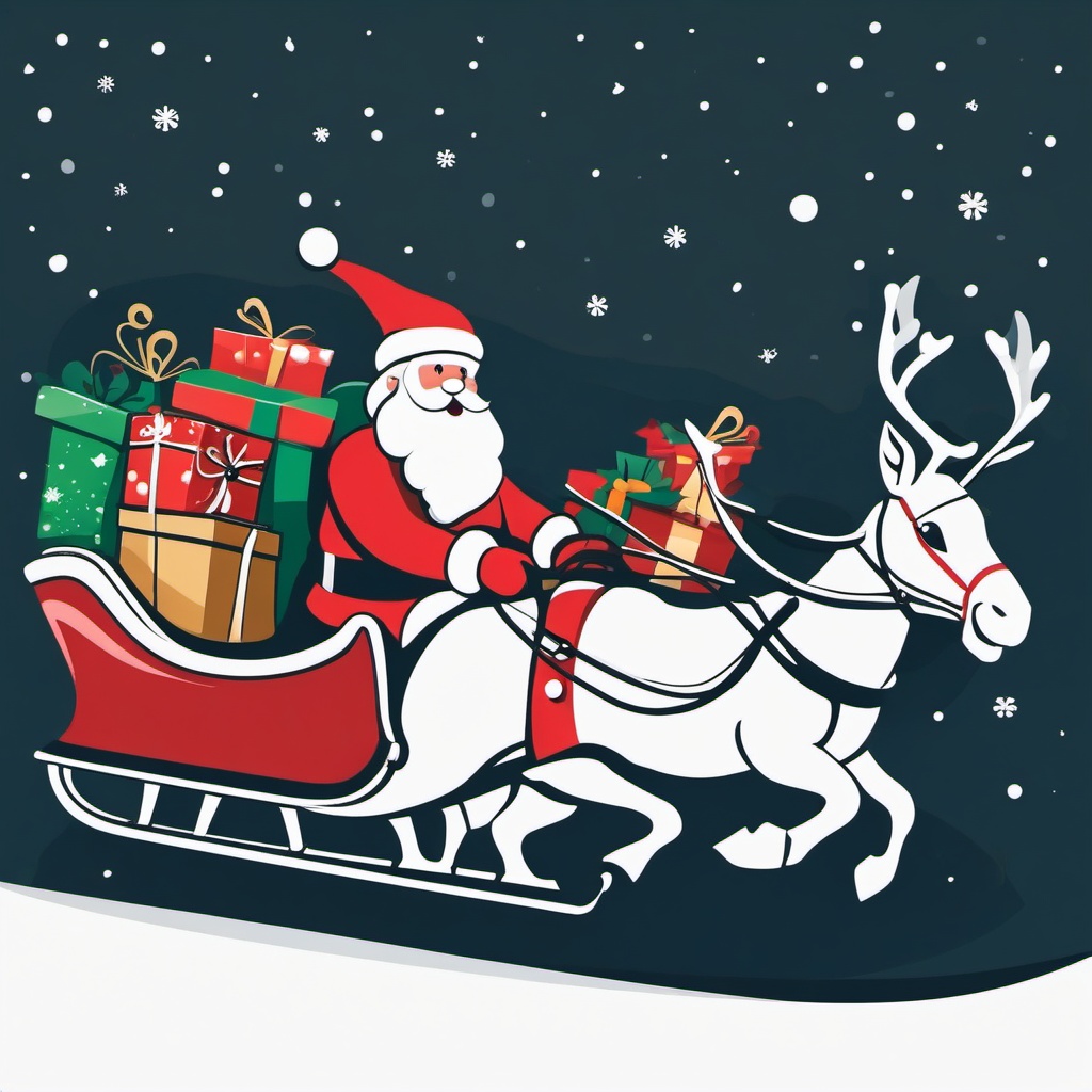 Santa and sleigh clipart, Santa Claus joyfully riding his sleigh with gifts in tow.  simple, 2d flat