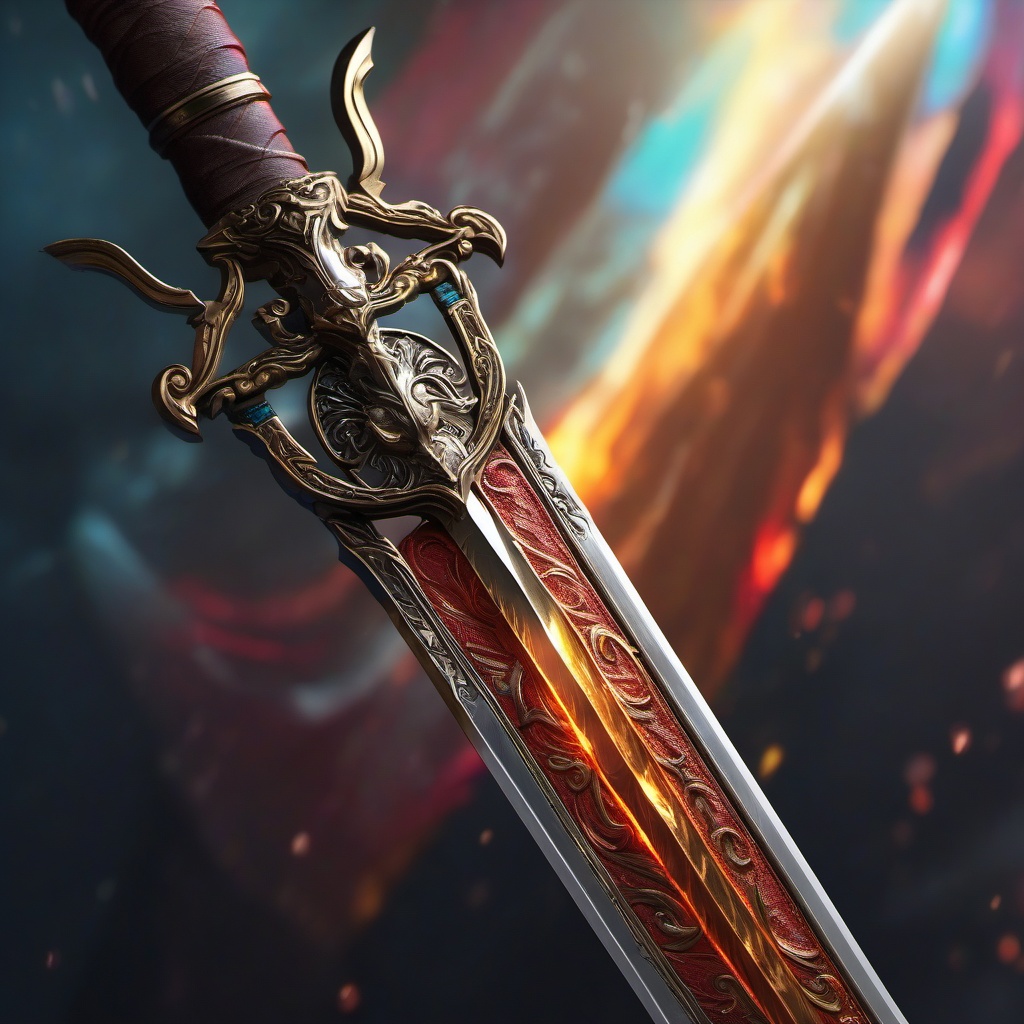 Legendary sword is said to grant immense power to its wielder but at great price. hyperrealistic, intricately detailed, color depth,splash art, concept art, mid shot, sharp focus, dramatic, 2/3 face angle, side light, colorful background