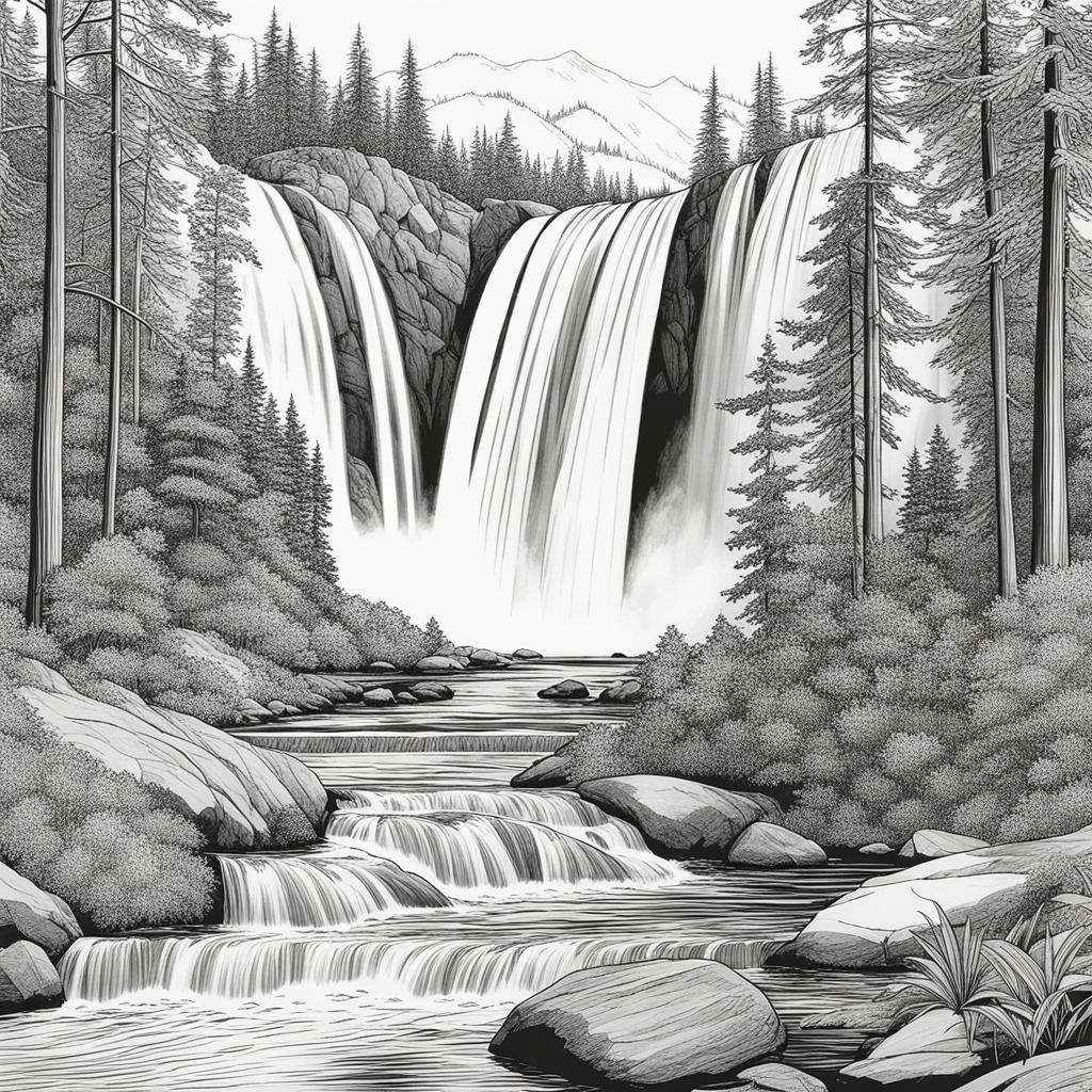 rainbow coloring pages - a rainbow spans across a picturesque waterfall in a forest. 