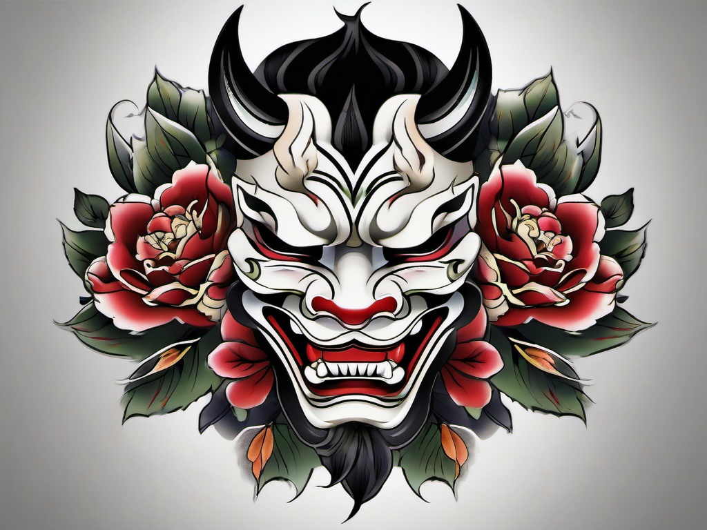 Hannya Mask Tattoo Traditional-Timeless and classic traditional tattoo featuring a Hannya mask, showcasing artistic and cultural aesthetics.  simple color tattoo,white background