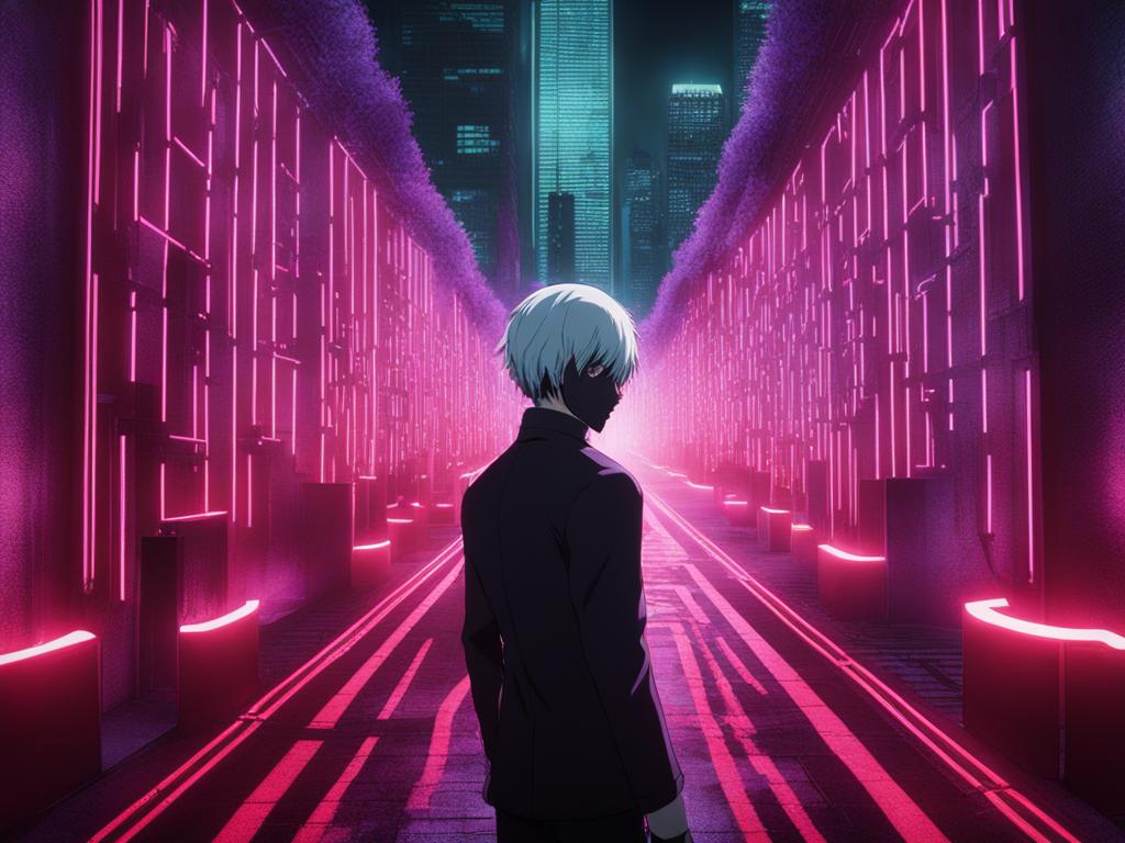 kaneki - faces off against formidable ghouls in a labyrinthine, neon-lit urban maze. 