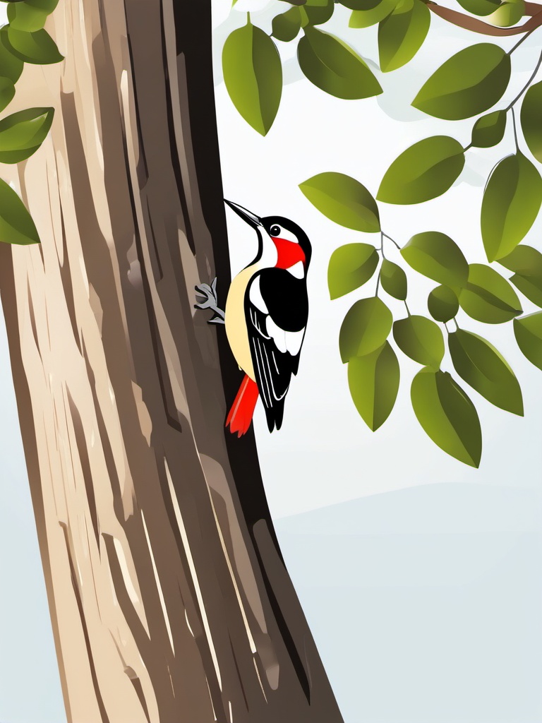 Woodpecker Clipart - Woodpecker pecking at a tree trunk , minimal, 2d