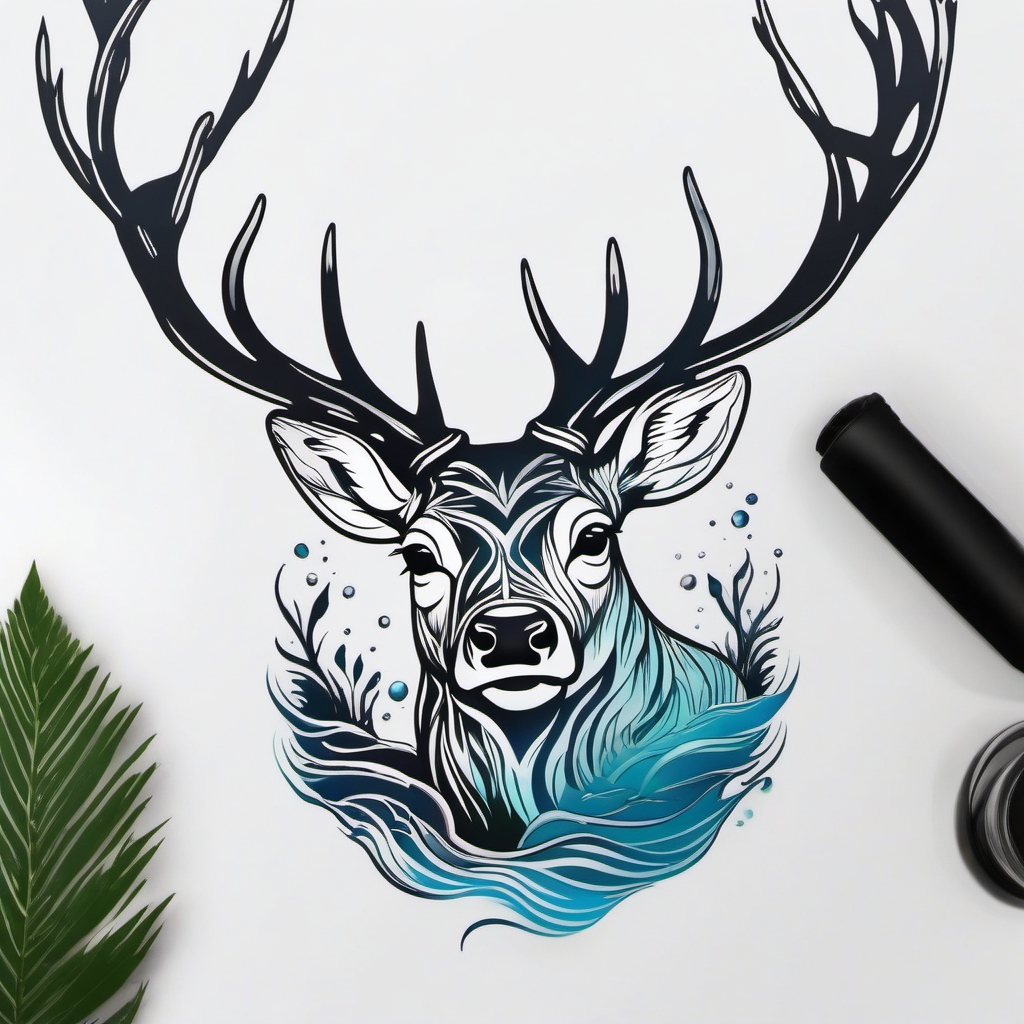 Water Reflection Stag - Reflect on the tranquility of water as it mirrors the image of a majestic stag in a tattoo.  outline color tattoo,minimal,white background