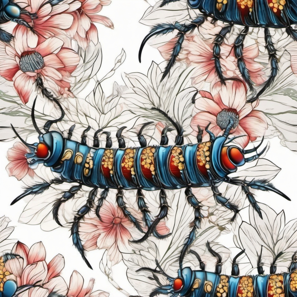 Centipede with floral details ink: Blooms of delicate beauty in insect form.  color tattoo style, white background