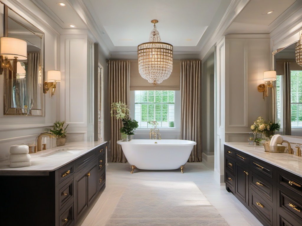 A bathroom with Regency interior design features ornate fixtures, luxurious finishes, and elegant decor that make the space feel like a spa retreat.  