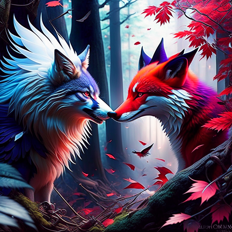 kitsune vs tengu - japanese spirits confront each other in a mystical forest, illusions and windswept feathers filling the air. 