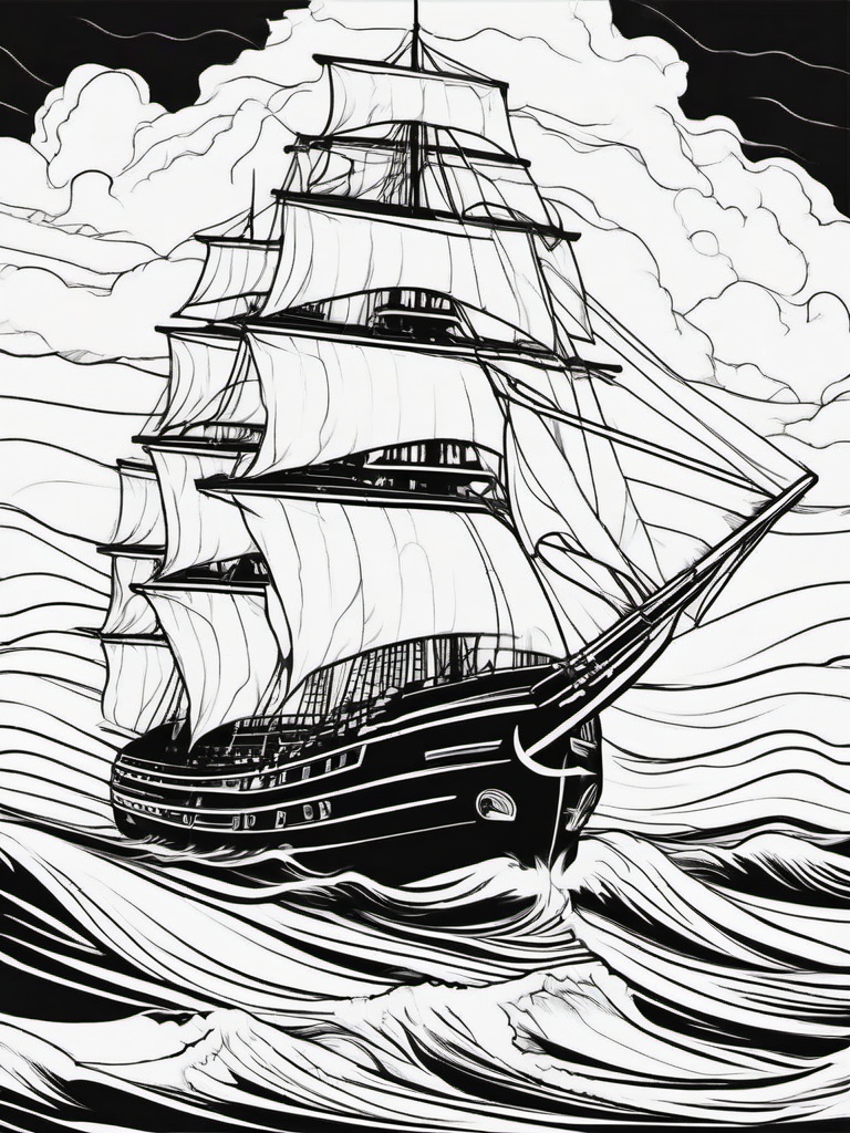 Horror Coloring Pages - Ghost ship sailing through rough seas  simple coloring pages