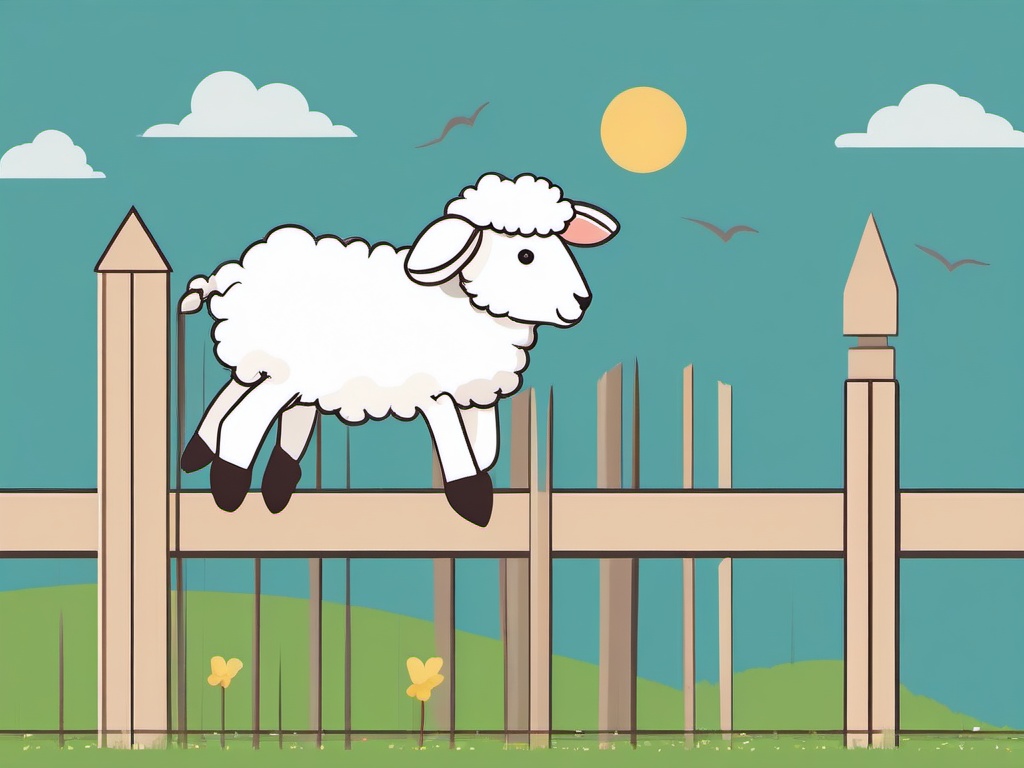 Cute clipart - fluffy lamb jumping over a fence  color,minimalist,vector clipart