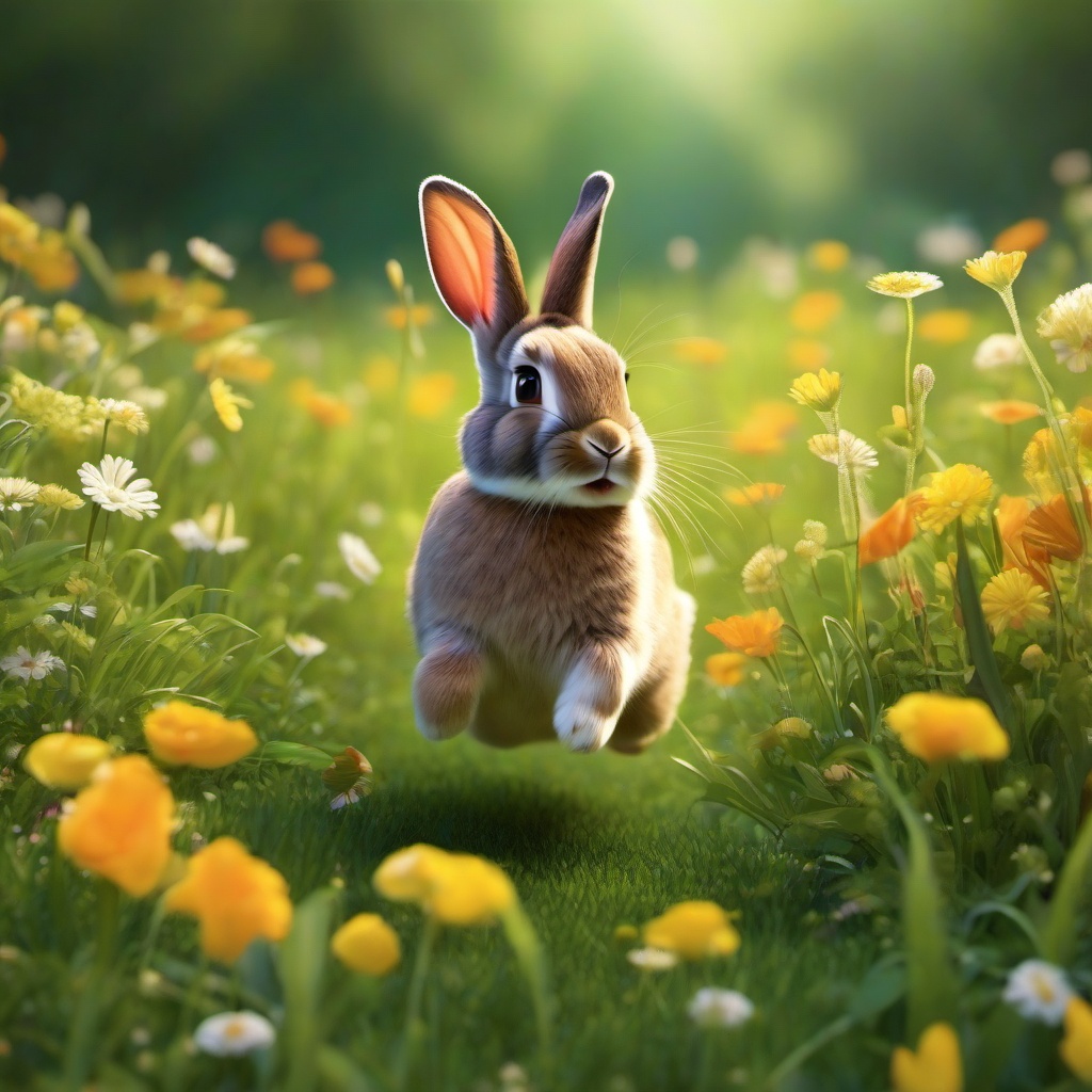 Rabbit cartoon - Rabbit hopping in a flower-filled meadow  