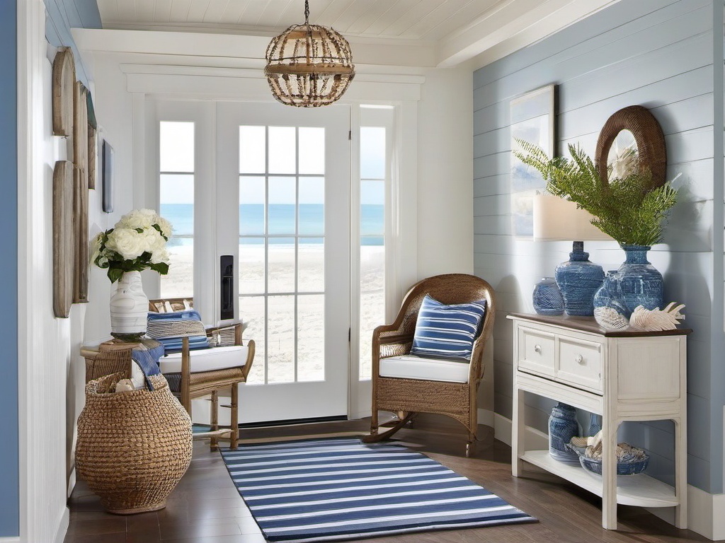 Nautical entryway showcases blue and white accents, seashell decor, and weathered wood that evoke a breezy seaside atmosphere for guests.  