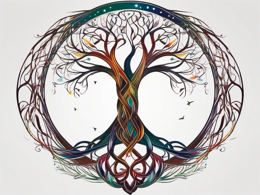 Infinite tree of life, where the branches form the infinity symbol, representing the interconnectedness of all life.  colored tattoo style, minimalist, white background