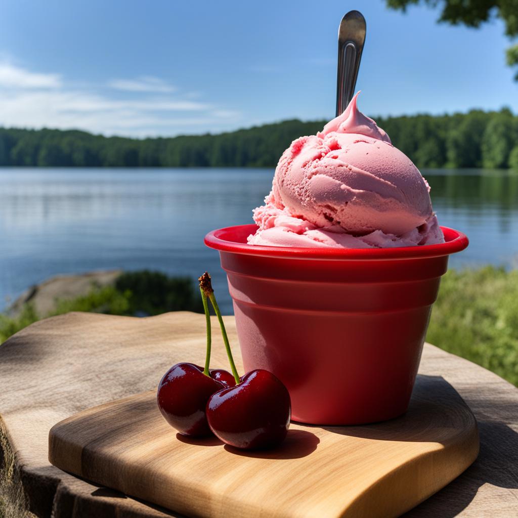 cherry garcia ice cream enjoyed at a lakeside picnic with friends. 