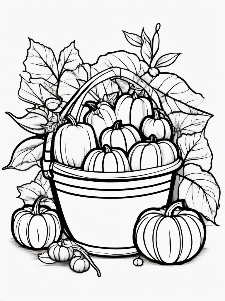 Pumpkin with Harvest Basket Coloring Pages - Basket of Harvest Goodies with Pumpkin  minimal black outline printable sheet, coloring page