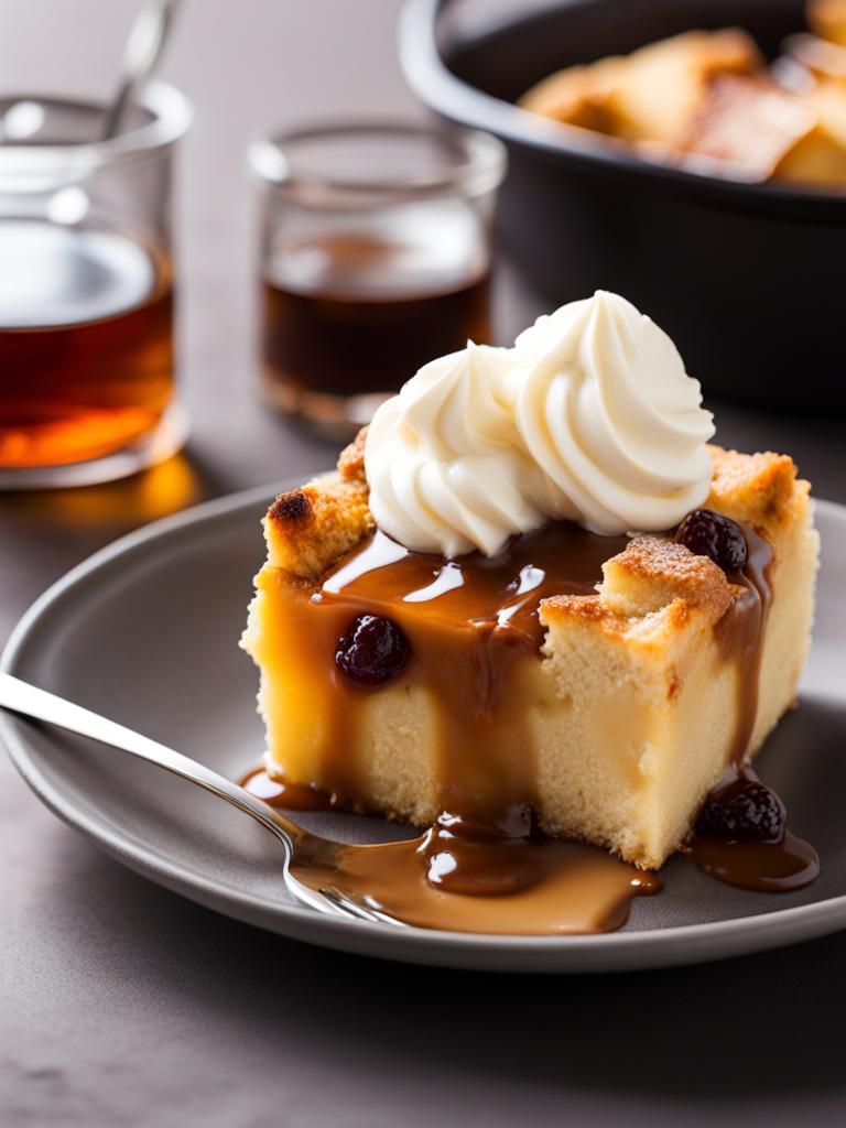 a serving of creamy bread pudding, infused with vanilla and served with a warm bourbon sauce. 