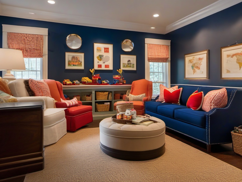 The playroom embodies American Colonial interior design with cozy seating, classic toys, and warm colors that provide a stylish space for children's activities.  